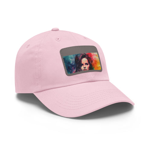 Kate Beckinsale watercolor neon baseball cap with light brown patch.