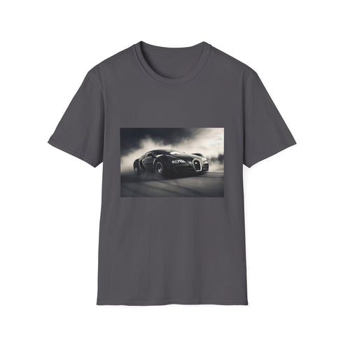 Charcoal cotton crew neck t-shirt featuring vibrant race car graphic