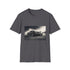 Charcoal cotton crew neck t-shirt featuring vibrant race car graphic