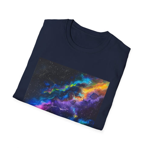 Neon galaxy pattern charcoal cotton T-shirt with vibrant cosmic design