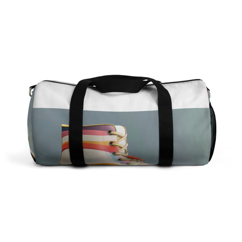 Colorful stripe roller skate duffel bag with retro vibes and vibrant stripes.