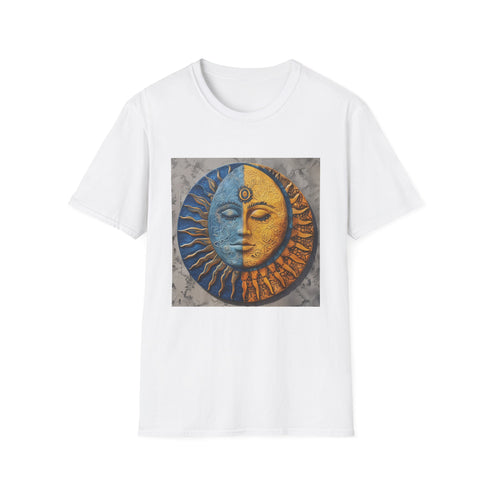 Charcoal crew neck t-shirt featuring sun moon mandala design