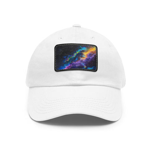 Neon galaxy snapback hat in white with light brown patch.