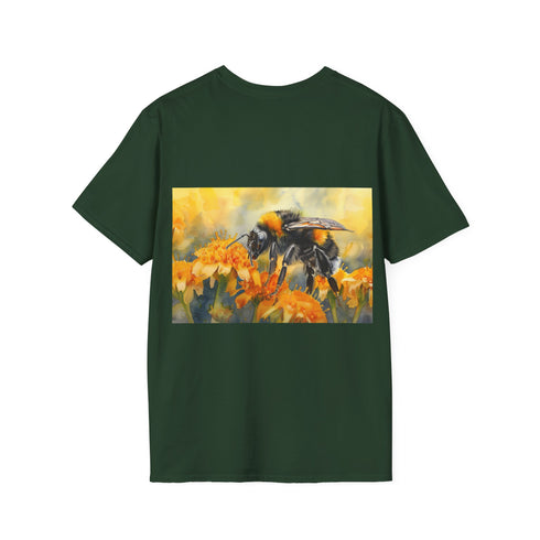 Bumblebee watercolor art tee in charcoal, size S for men and women.