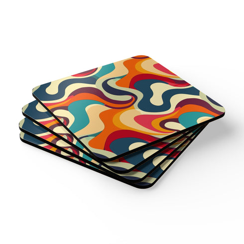 Retro Waves Corkwood Coaster Set, Square, Vibrant Summer Kitchen Accessories