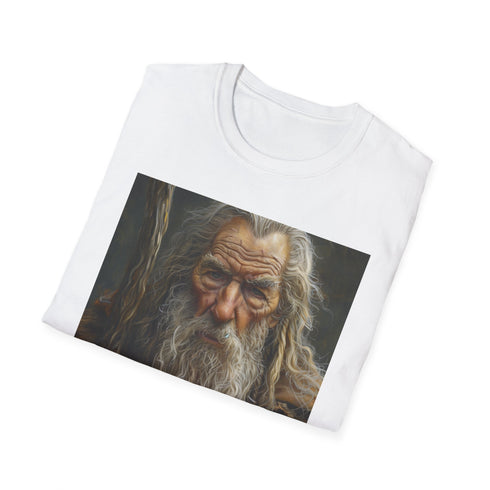 Charcoal crew neck T-shirt with vibrant Gandalf portrait and soft brushstrokes