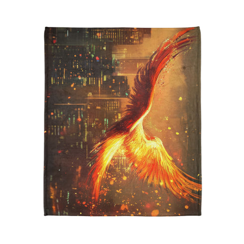 Digital Phoenix in Urban Skyline Plush Fleece Throw Blanket