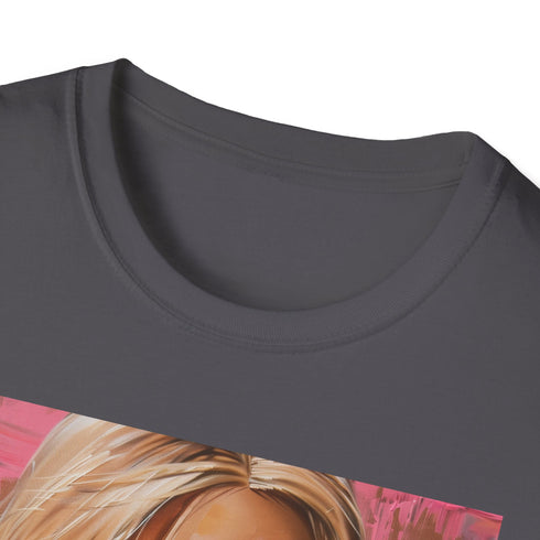 Charcoal crew neck T-shirt displaying vibrant Barbie painting with soft brushstrokes
