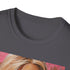 Charcoal crew neck T-shirt displaying vibrant Barbie painting with soft brushstrokes