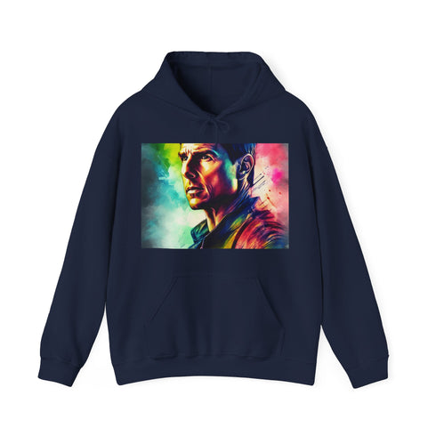 Dynamic Tom Cruise watercolor hoodie in navy, regular fit, unisex.