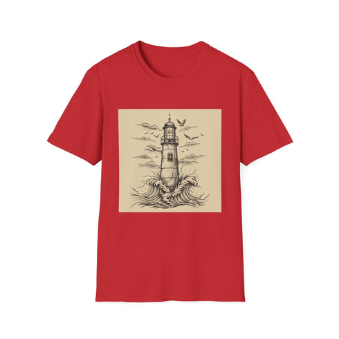 Hand-drawn charcoal lighthouse t-shirt in soft cotton with crew neck design