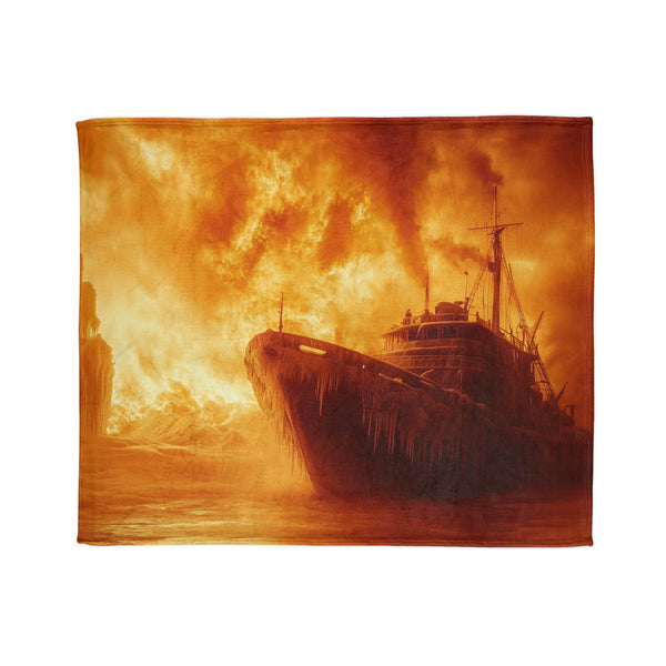 Frozen Ship Adrift in Firestorm — Plush Fleece Throw Blanket — Draped Over Sofa & Bed Lifestyle View