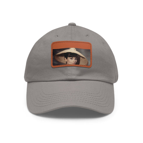 Iconic Audrey Hepburn monochrome baseball cap with rectangle design.
