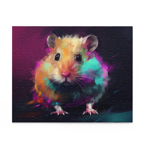 Vibrant neon hamster watercolor jigsaw puzzle for animal lovers.