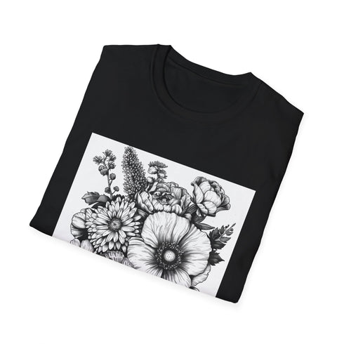 Charcoal cotton floral T-shirt with hand-drawn botanical art in vibrant colors