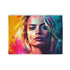 Margot Robbie watercolor blanket, neon hues, artistic, cozy, Hollywood-inspired, vibrant.