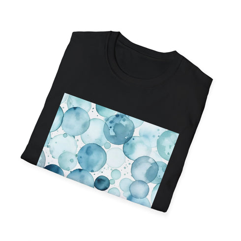 Charcoal cotton T-shirt with azure watercolor eye pattern and crew neck