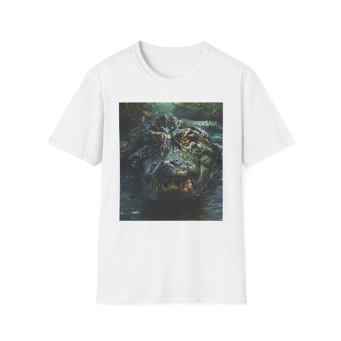 Charcoal cotton T-shirt featuring vibrant crocodile painting evoking untamed wilderness