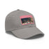 White cotton baseball cap with light brown rectangle patch lightning speed design.