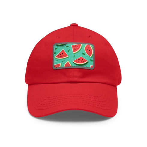 Watermelon Hawaiian print baseball cap with white patch, rectangle shape.