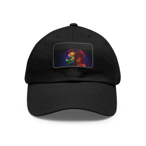 Vibrant neon watercolor George Michael baseball cap, white with light brown patch.