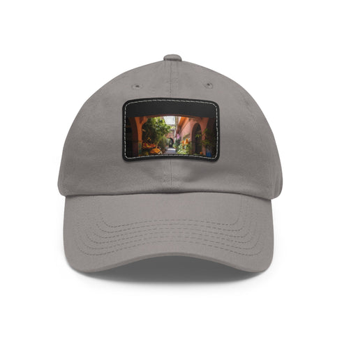 Colorful Marrakech Mosaic garden-themed baseball cap: White/Light Brown patch, rectangle.