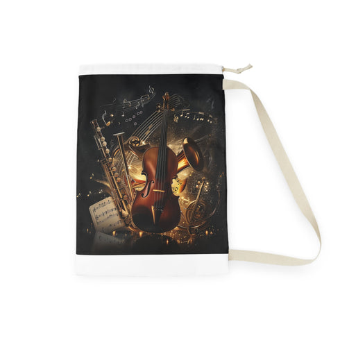 Musical Notes Laundry Bag with vibrant music note and instrument print.