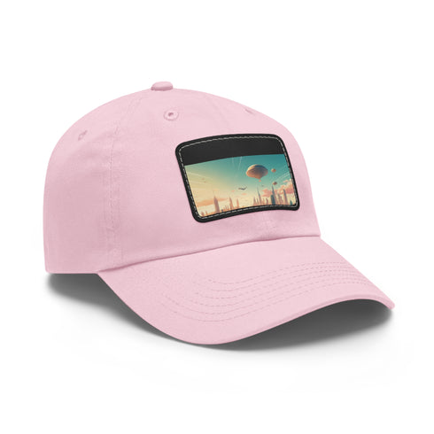 White cotton cap with urban skyline design, unisex and vegan-friendly.