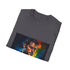 Charcoal cotton crew neck T-shirt with vibrant neon watercolor heroic design