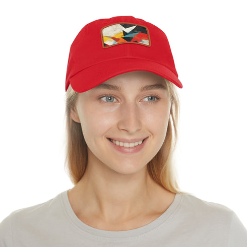 Abstract geometric shapes baseball cap in white with light brown rectangle patch.