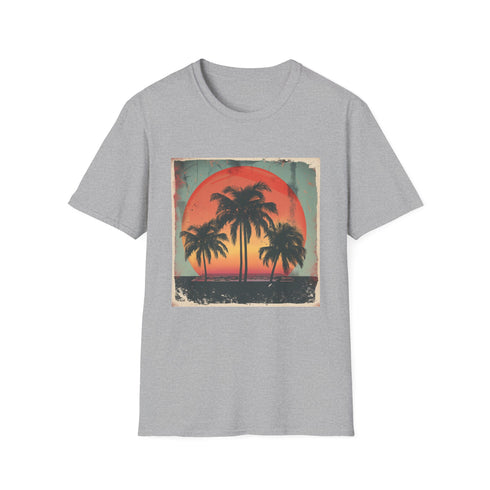 Charcoal Palm Paradise Retro Sunset Escape T-Shirt Cotton Crew Neck.