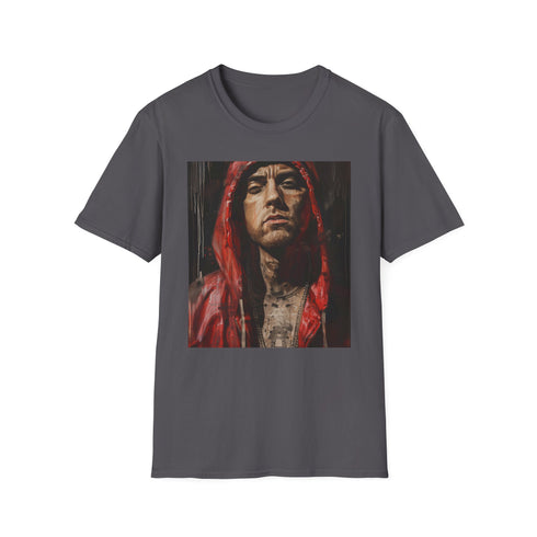 Charcoal cotton T-shirt with vibrant Eminem portrait capturing dynamic stage energy