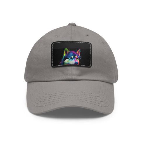 Stylish white baseball cap featuring husky dog design & light brown patch.