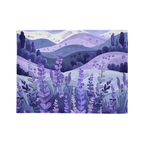 Soft plush lavender blanket with calming lavender fields design.