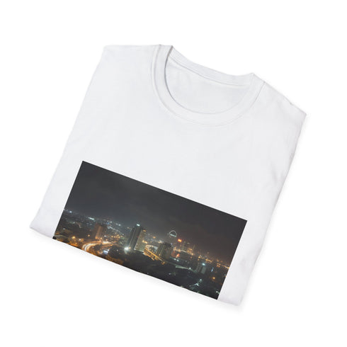 Charcoal cotton crew neck T-shirt with vibrant Lagos-inspired graphic design