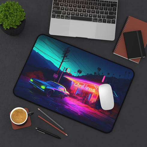 American Diner Neon Sign Desk Mat featuring watercolor neon hues.