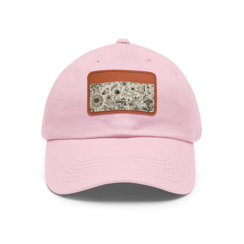 Botanical pattern white hat with light brown rectangle patch.