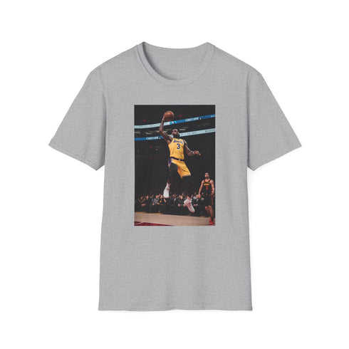 Charcoal cotton T-shirt featuring vibrant LeBron James Lakers dynasty graphic