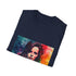 Vibrant charcoal cotton T-shirt with watercolor and neon Kate Beckinsale design