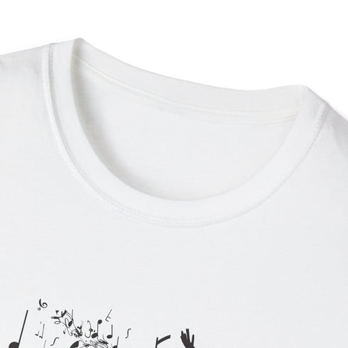 Charcoal crew neck t-shirt with dancer silhouette and musical notes design