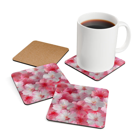 Cherry Blossom Dream Coaster Set - Square, Pink & White Corkwood Pattern