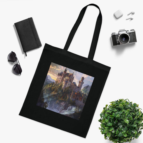 Enchanted Castle Tote Bag in Black Cotton with Whimsical Castle Design