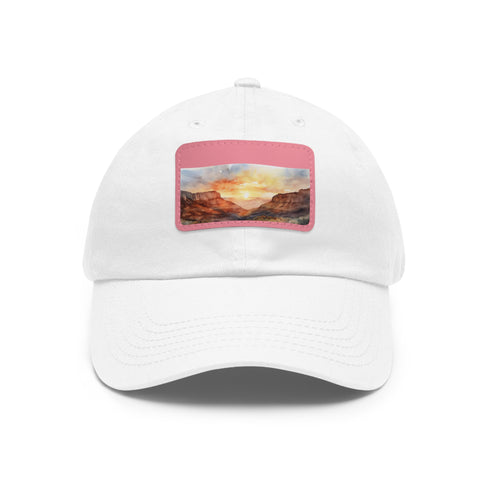 Desert Peaks Baseball Cap in White with Light Brown Patch on Rectangle