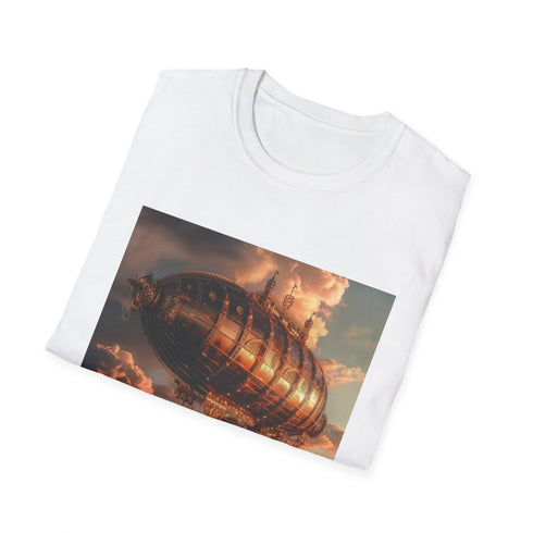 Steampunk airship voyage graphic charcoal t-shirt for men and women.