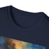 Charcoal galaxy painting T-shirt with vibrant celestial pattern on cotton fabric