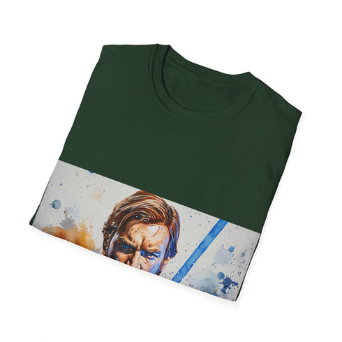 Blue lightsaber tee featuring Obi Wan Kenobi for Star Wars fans.
