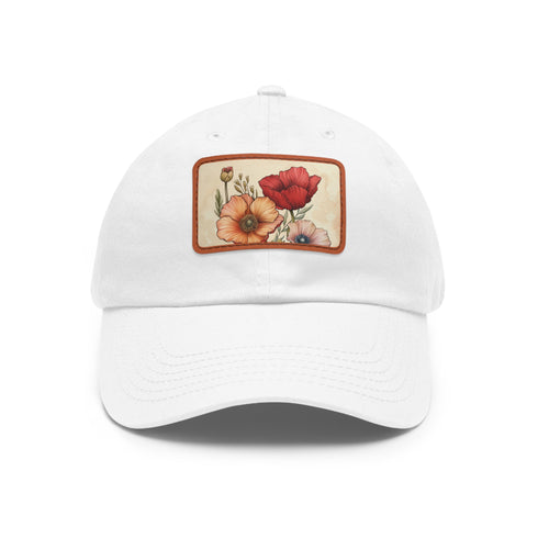 Hand-drawn flower white baseball cap with light brown rectangle patch.