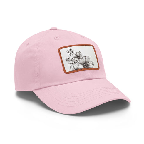 Floral hand-drawn white cap with light brown patch in rectangle shape.
