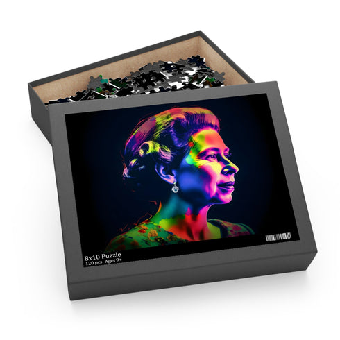 Vibrant neon puzzle of young Queen Elizabeth II in watercolor.