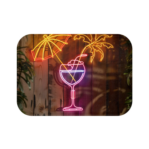 Vibrant neon cocktail bath mat with tropical cocktail sign design.
